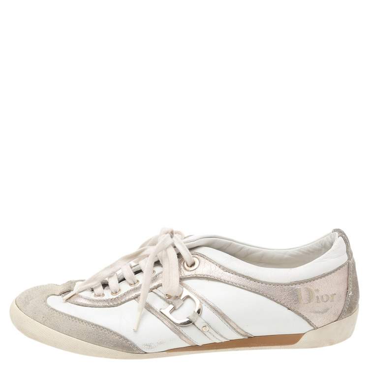 Pre Owned Dior White/Gold Leather and Suede Lace Up Sneakers Size 36.5
