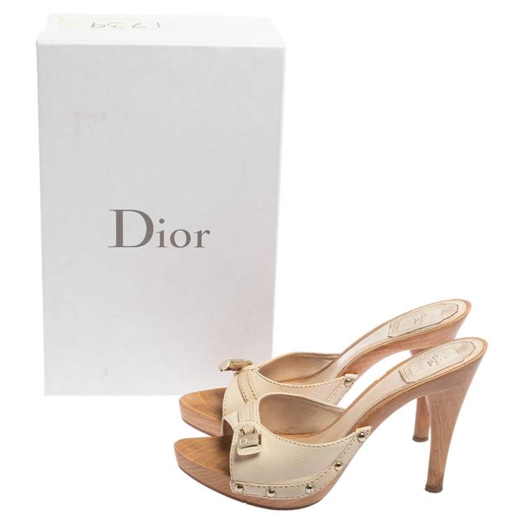 Pre Owned Dior Cream Leather Lock Open Toe Slide Mules Size 37.5