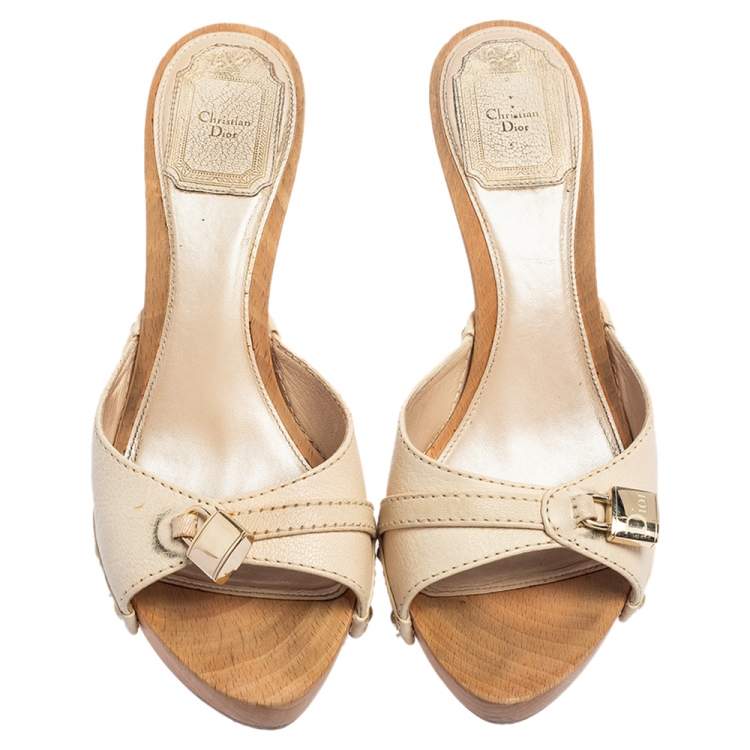 Pre Owned Dior Cream Leather Lock Open Toe Slide Mules Size 37.5