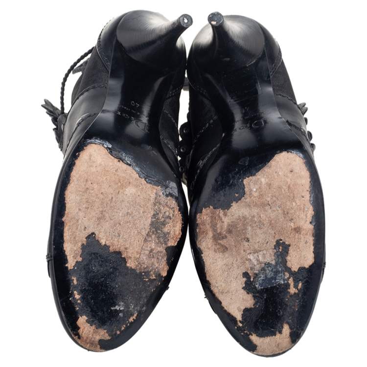 Pre Owned Dior Black Oblique Canvas and Leather Logo Ankle Wrap Booties Size 40
