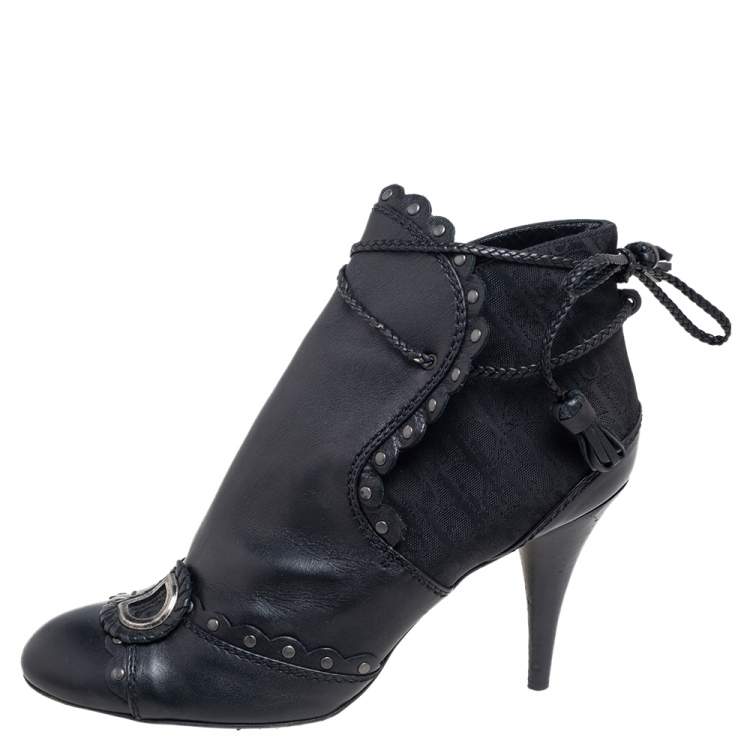 Pre Owned Dior Black Oblique Canvas and Leather Logo Ankle Wrap Booties Size 40