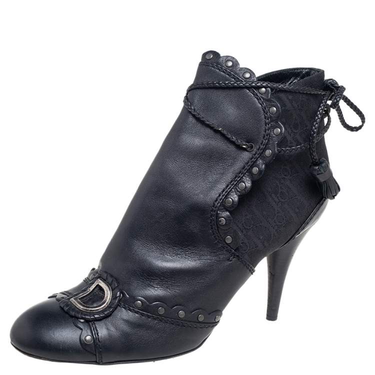 Pre Owned Dior Black Oblique Canvas and Leather Logo Ankle Wrap Booties Size 40
