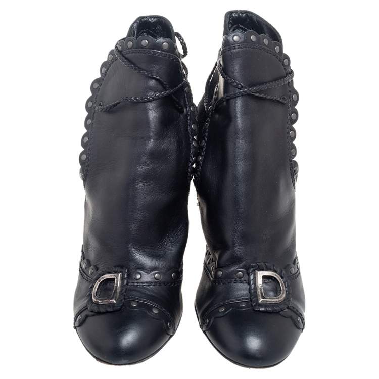 Pre Owned Dior Black Oblique Canvas and Leather Logo Ankle Wrap Booties Size 40