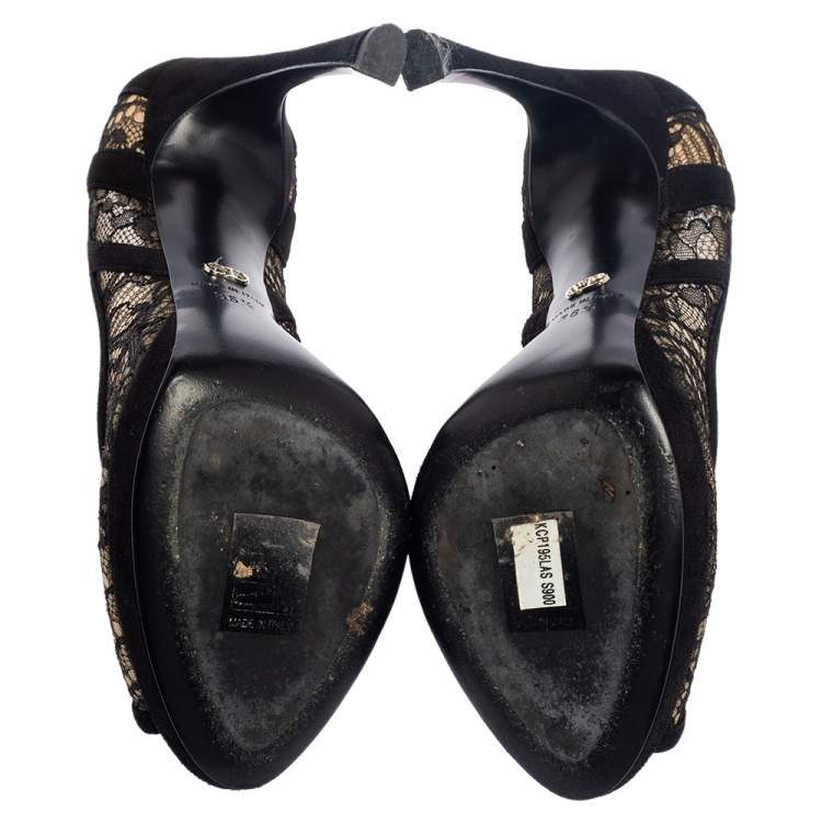 Pre Owned Dior Black Lace And Suede Dior Lingerie Peep Toe Platform Pumps Size 36.5
