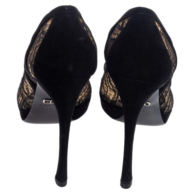 Pre Owned Dior Black Lace And Suede Dior Lingerie Peep Toe Platform Pumps Size 36.5