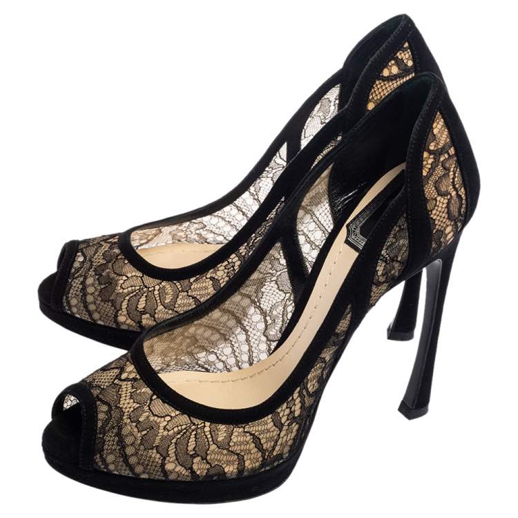 Pre Owned Dior Black Lace And Suede Dior Lingerie Peep Toe Platform Pumps Size 36.5