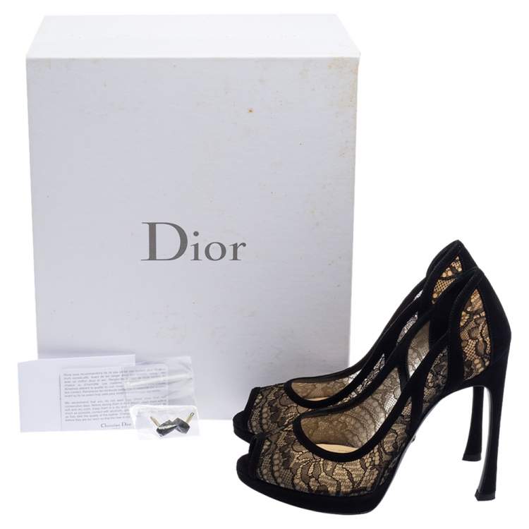 Pre Owned Dior Black Lace And Suede Dior Lingerie Peep Toe Platform Pumps Size 36.5