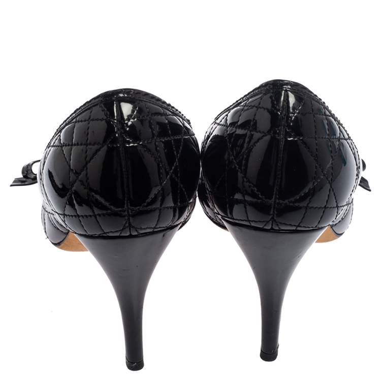 Pre Owned Dior Black Cannage Patent Leather Bow Peep Toe Pumps Size 40.5