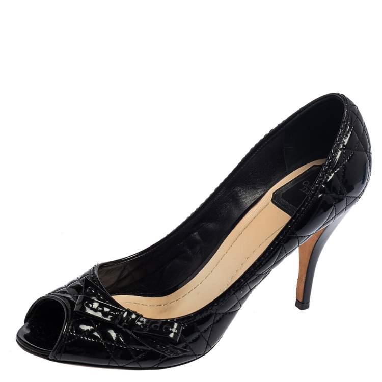 Pre Owned Dior Black Cannage Patent Leather Bow Peep Toe Pumps Size 40.5