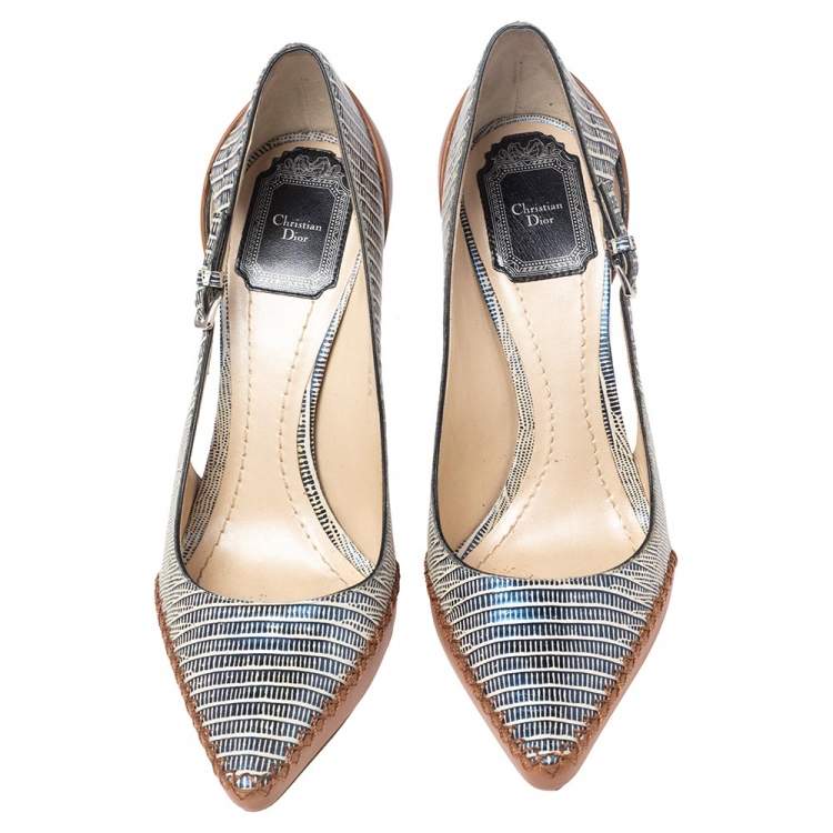 Pre Owned Dior Tricolor Lizard Embossed Leather Cut Out Pointed Toe Pumps Size 38.5