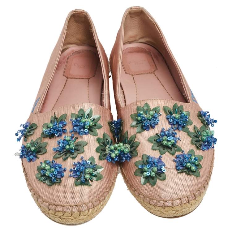Pre Owned Dior Pink Canvas Embellished Espadrille Ballet Flats Size 40