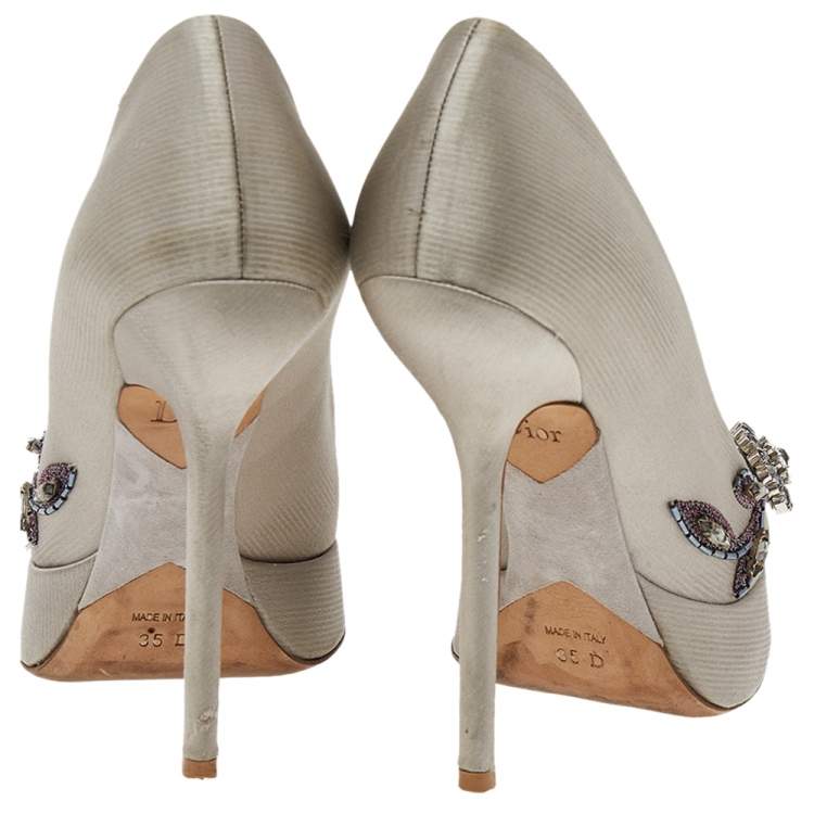 Pre Owned Dior Grey Embellished Satin Peep Toe Platform Pumps Size 35
