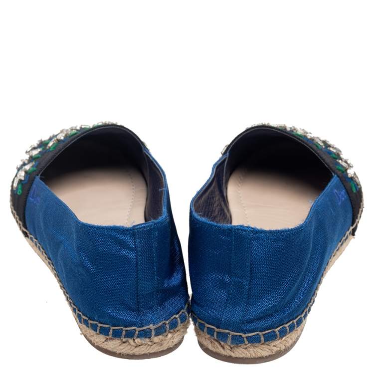 Pre Owned Dior Blue-Black Canvas Crystal Embellished Riviera Espadrille Flats Size 36