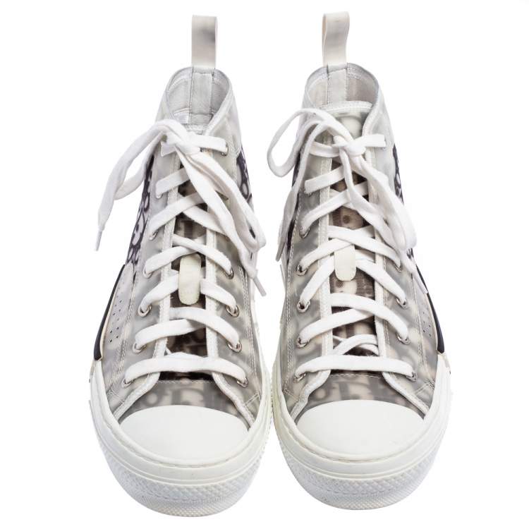 Pre Owned Dior White/Black Oblique Mesh And Rubber B23 High Top Sneakers Size 40