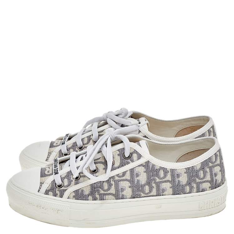Pre Owned Dior White/Grey Oblique Embroidered Fabric Motif Walk'n'Dior Low Top Sneakers Size 38.5