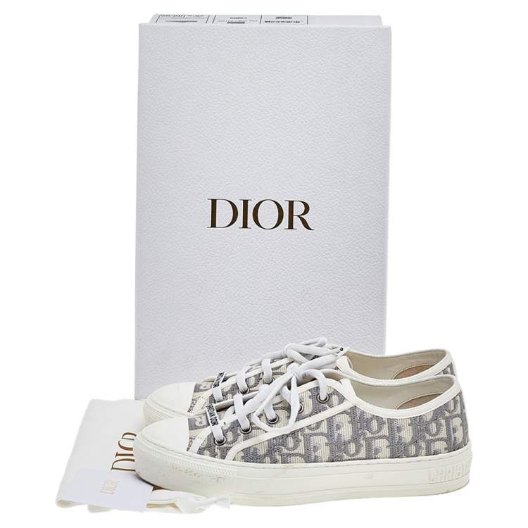 Pre Owned Dior White/Grey Oblique Embroidered Fabric Motif Walk'n'Dior Low Top Sneakers Size 38.5