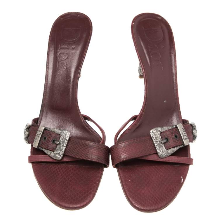 Pre Owned Dior Burgundy Snakeskin Embossed Leather Buckle Slide Sandals Size 39