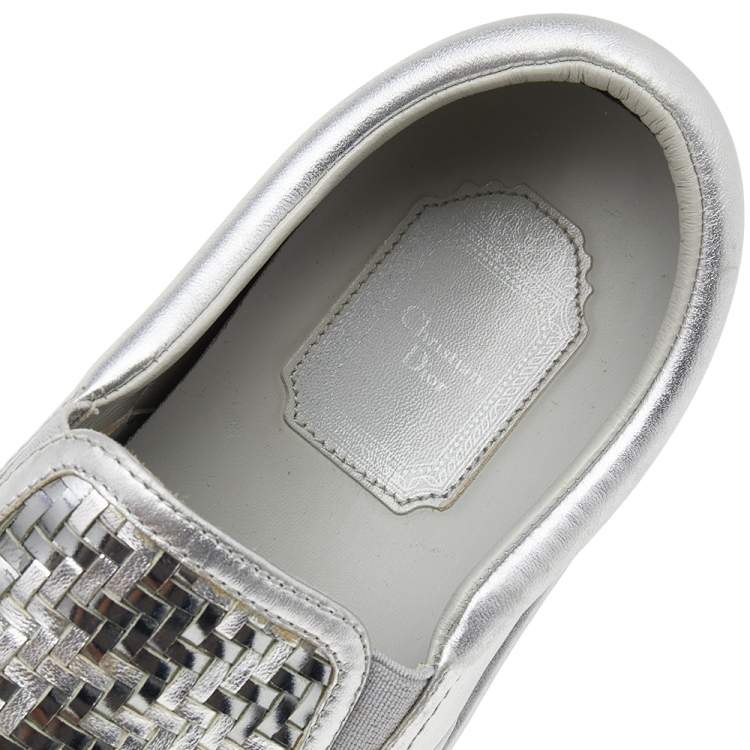 Pre Owned Dior Metallic Silver Woven Leather Slip On Sneakers Size 36