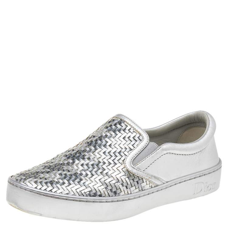 Pre Owned Dior Metallic Silver Woven Leather Slip On Sneakers Size 36