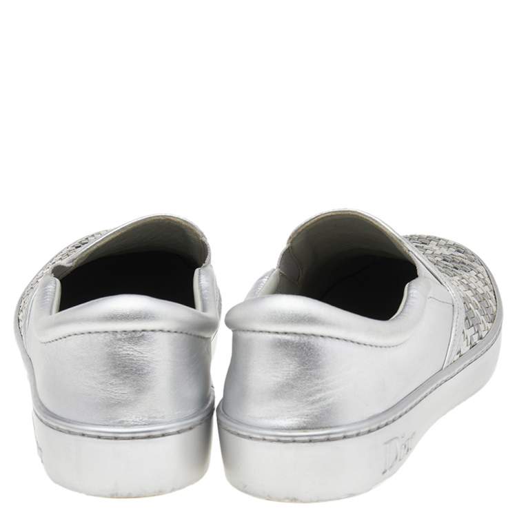 Pre Owned Dior Metallic Silver Woven Leather Slip On Sneakers Size 36