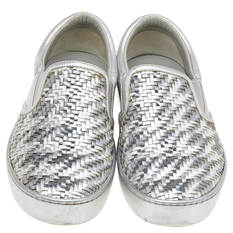 Pre Owned Dior Metallic Silver Woven Leather Slip On Sneakers Size 36