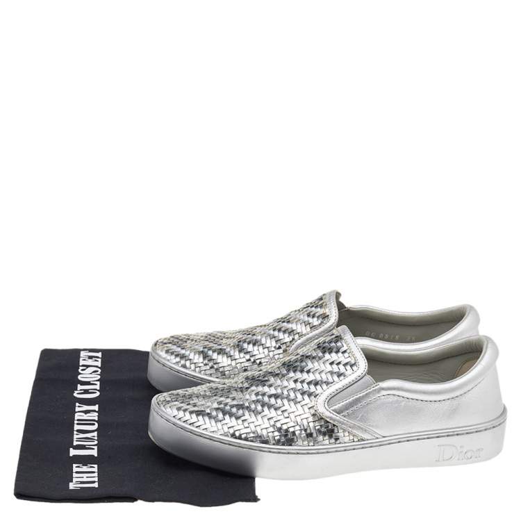 Pre Owned Dior Metallic Silver Woven Leather Slip On Sneakers Size 36