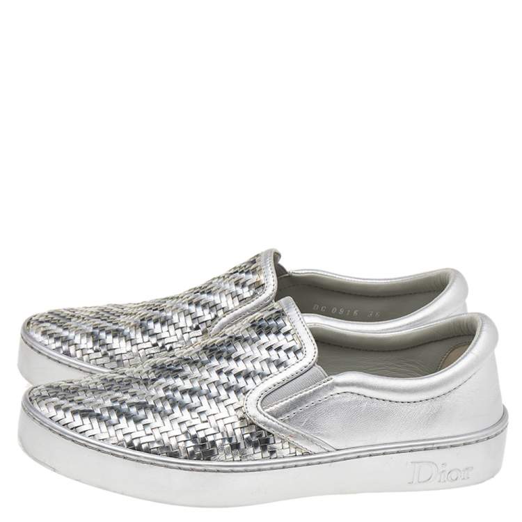 Pre Owned Dior Metallic Silver Woven Leather Slip On Sneakers Size 36
