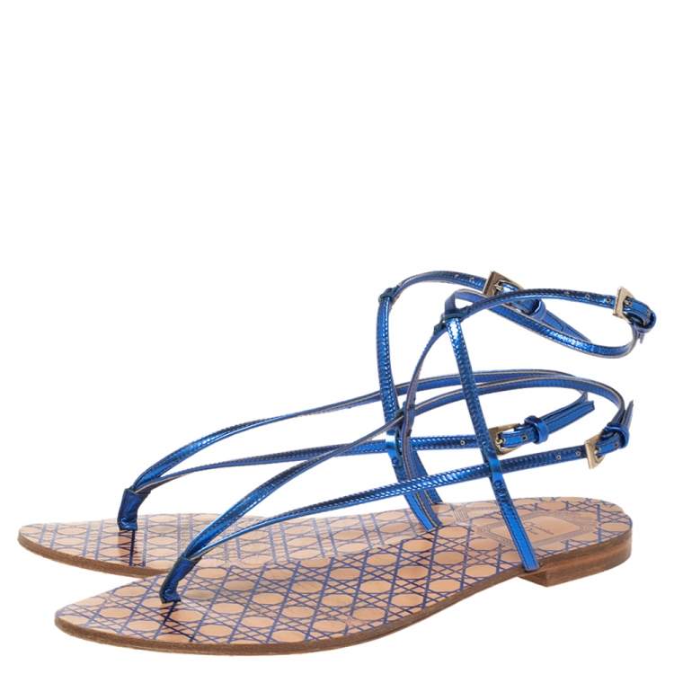 Pre Owned Dior Blue Leather Ankle Strap Flats Size 37