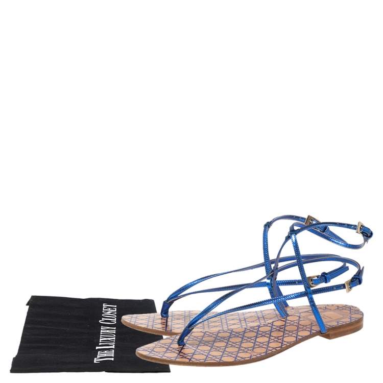 Pre Owned Dior Blue Leather Ankle Strap Flats Size 37