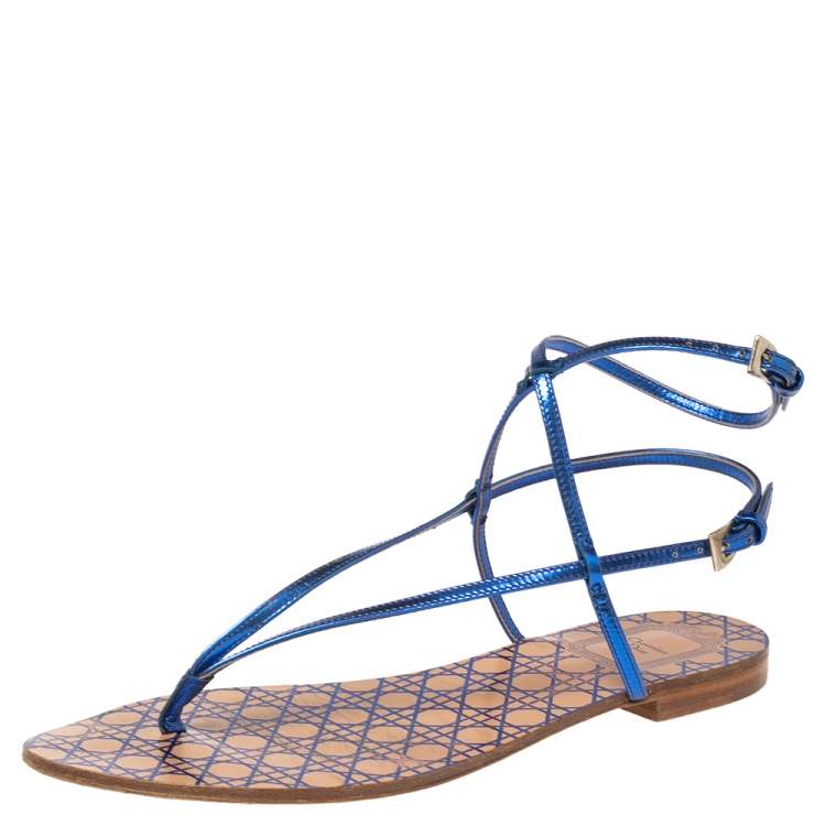 Pre Owned Dior Blue Leather Ankle Strap Flats Size 37