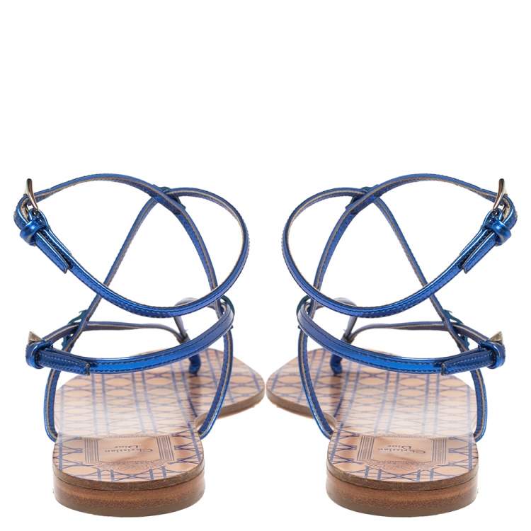Pre Owned Dior Blue Leather Ankle Strap Flats Size 37