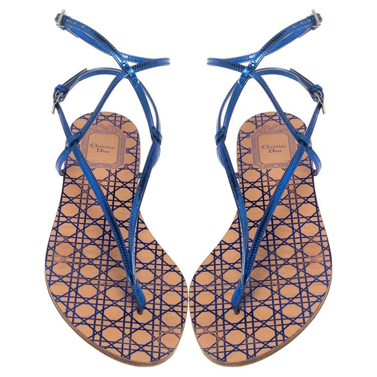 Pre Owned Dior Blue Leather Ankle Strap Flats Size 37
