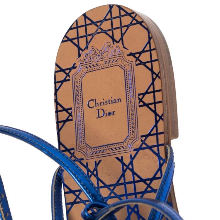 Pre Owned Dior Blue Leather Ankle Strap Flats Size 37