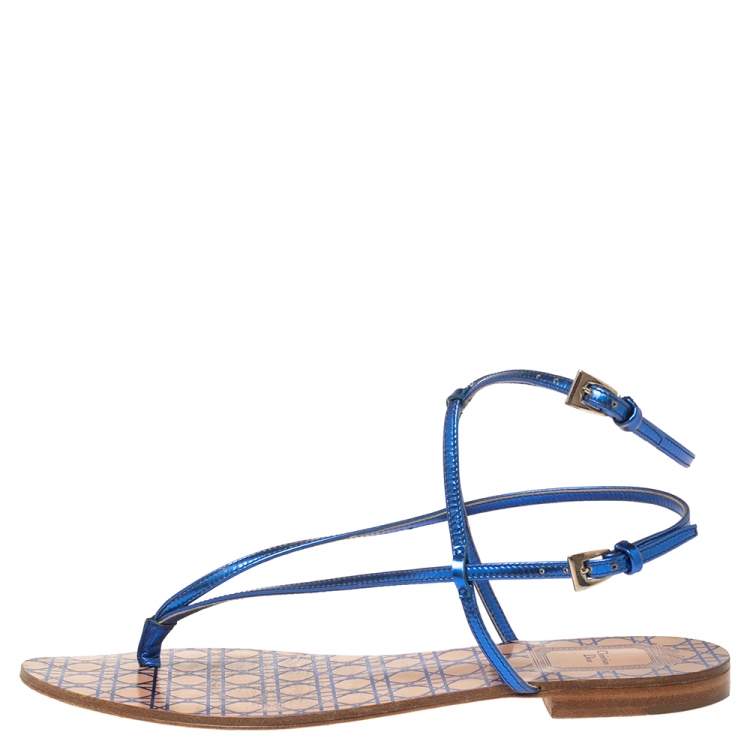 Pre Owned Dior Blue Leather Ankle Strap Flats Size 37