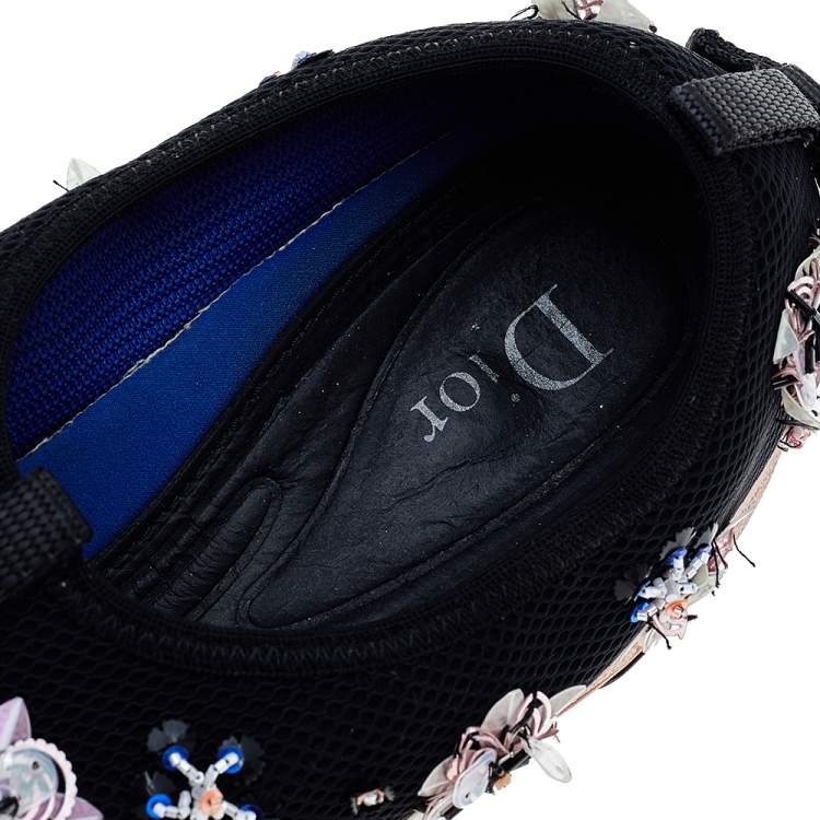 Pre Owned Dior Black Mesh Fusion Floral Embellished Slip On Sneakers Size 38