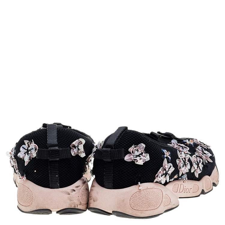 Pre Owned Dior Black Mesh Fusion Floral Embellished Slip On Sneakers Size 38