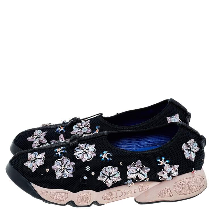 Pre Owned Dior Black Mesh Fusion Floral Embellished Slip On Sneakers Size 38