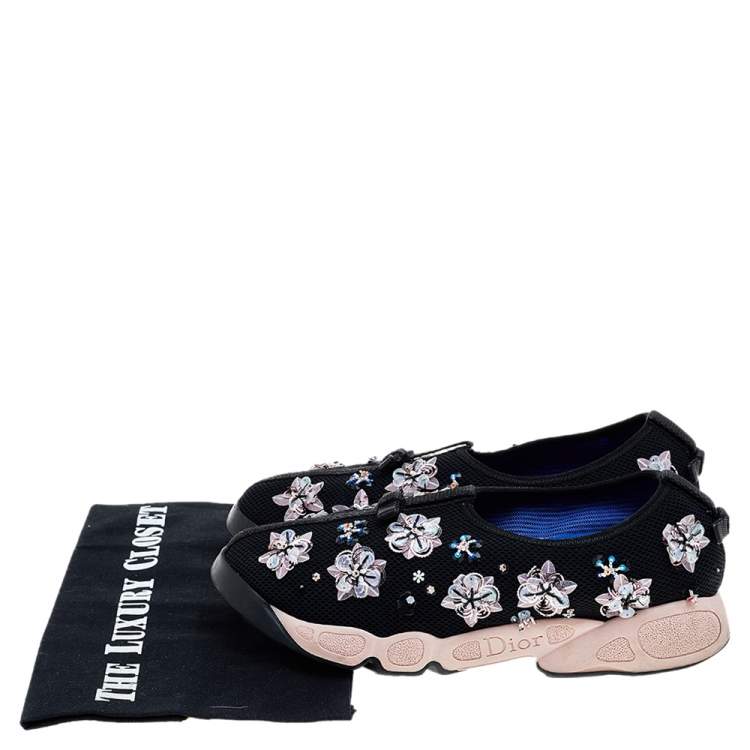 Pre Owned Dior Black Mesh Fusion Floral Embellished Slip On Sneakers Size 38