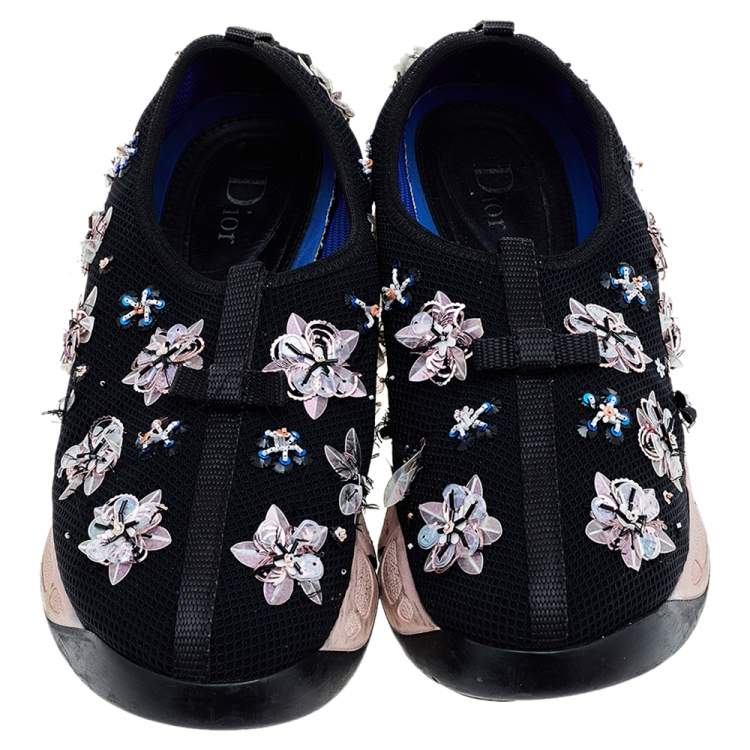 Pre Owned Dior Black Mesh Fusion Floral Embellished Slip On Sneakers Size 38