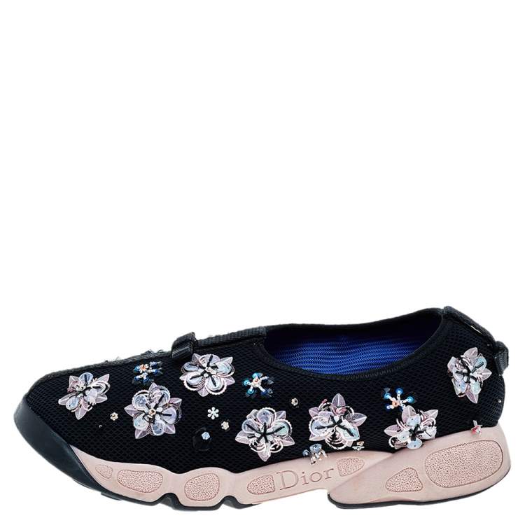 Pre Owned Dior Black Mesh Fusion Floral Embellished Slip On Sneakers Size 38
