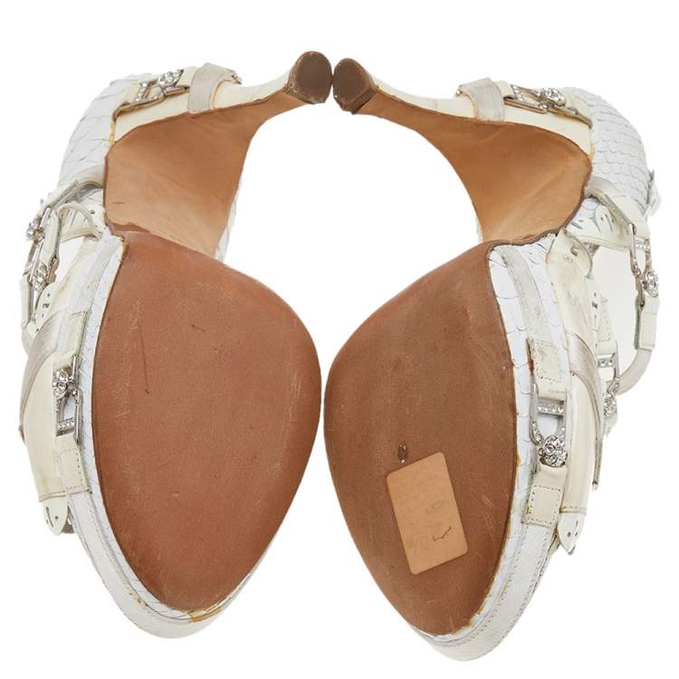 Pre Owned Dior White/Cream Python And Patent Leather Ankle Strap Sandals Size 36.5