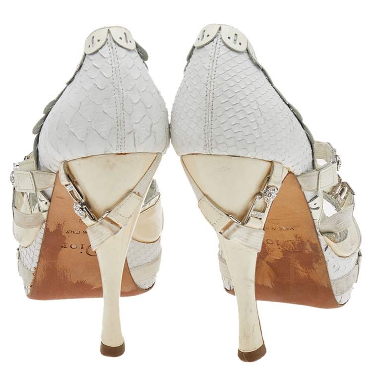 Pre Owned Dior White/Cream Python And Patent Leather Ankle Strap Sandals Size 36.5