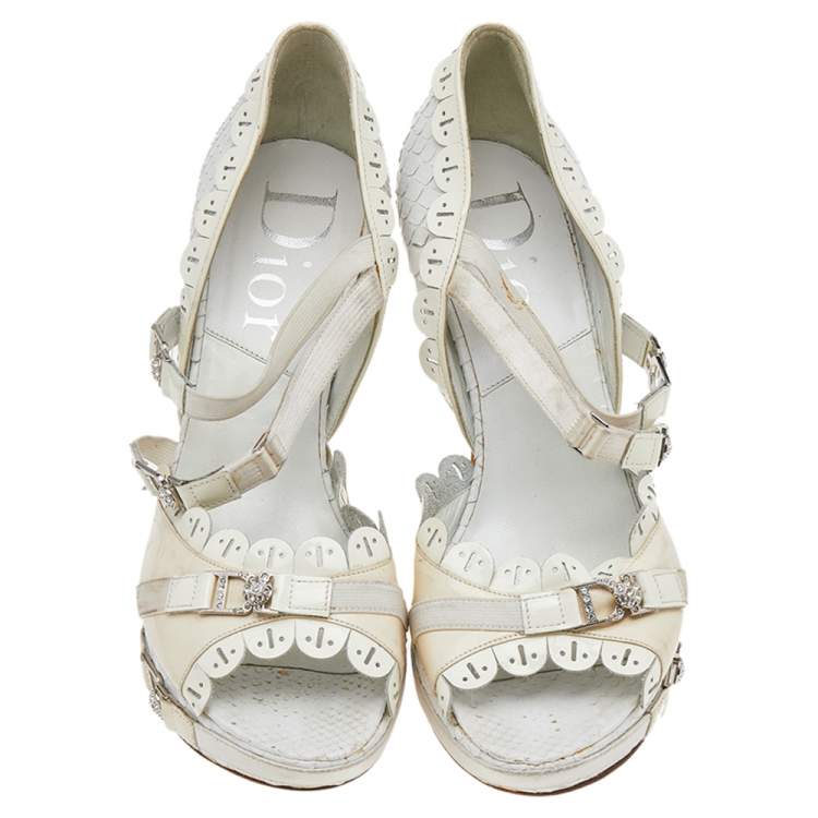 Pre Owned Dior White/Cream Python And Patent Leather Ankle Strap Sandals Size 36.5