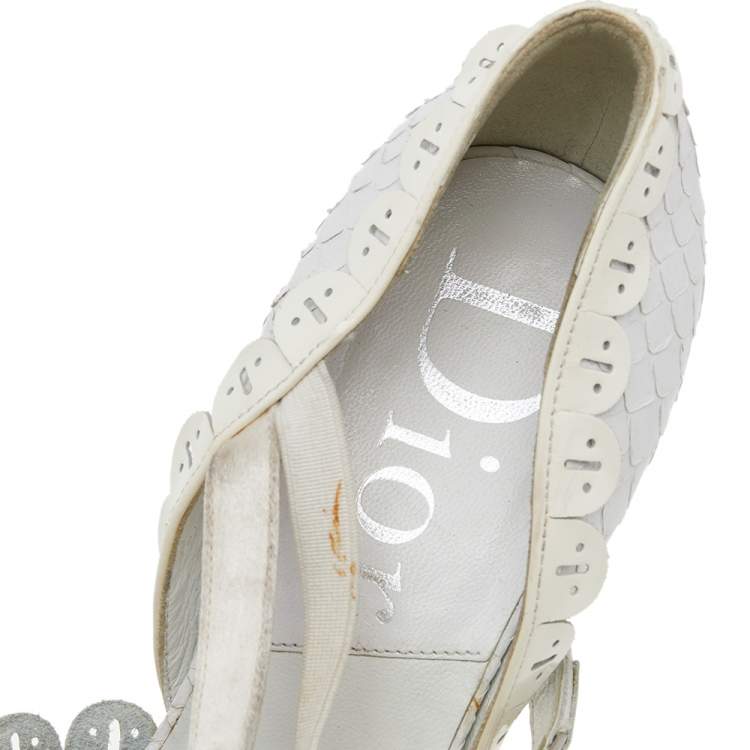 Pre Owned Dior White/Cream Python And Patent Leather Ankle Strap Sandals Size 36.5