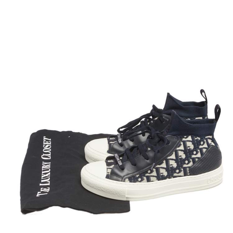 Pre Owned Dior Navy Blue Fabric And Leather  Walk'n'Dior High Top Sneakers Size 38