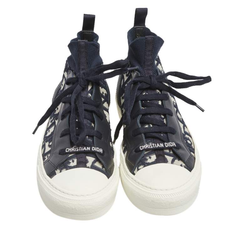Pre Owned Dior Navy Blue Fabric And Leather  Walk'n'Dior High Top Sneakers Size 38