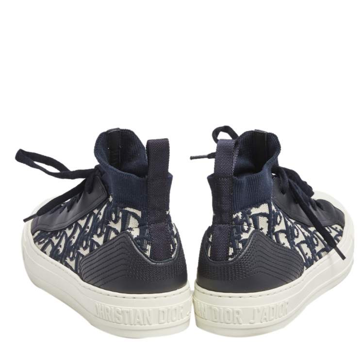 Pre Owned Dior Navy Blue Fabric And Leather  Walk'n'Dior High Top Sneakers Size 38