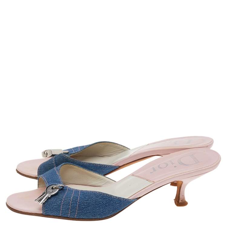 Pre Owned Dior Blue Denim Lock & Key Slide Sandals Size 38.5