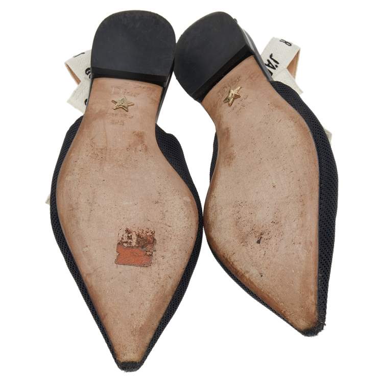 Pre Owned Dior Black Technical Fabric And J'adior Ribbon Pointed Toe Slingback Flats Size 37.5