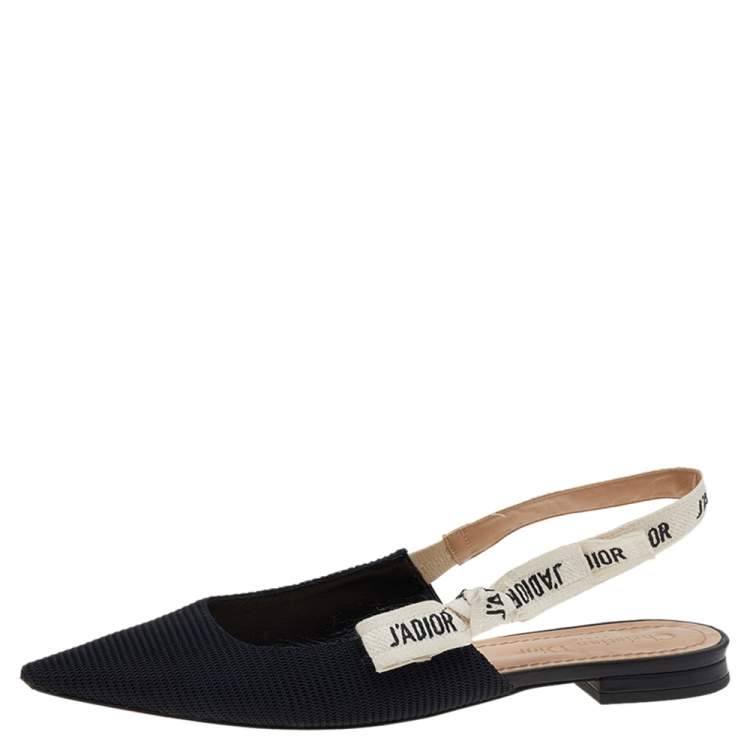 Pre Owned Dior Black Technical Fabric And J'adior Ribbon Pointed Toe Slingback Flats Size 37.5